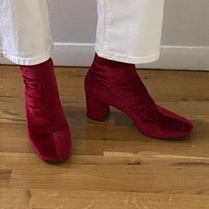 Zara red velvet heeled boots